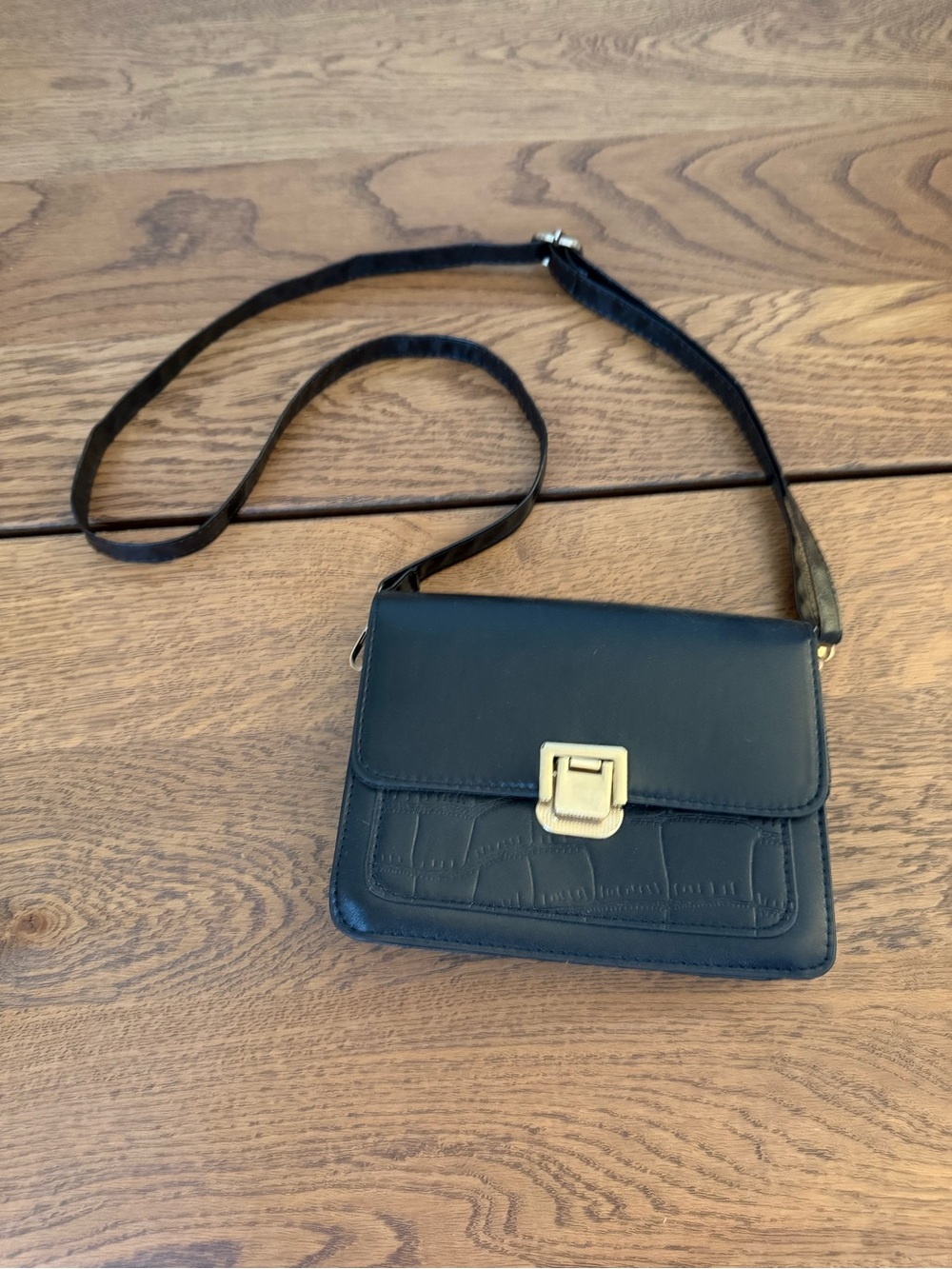 Black Textured Crossbody Clutch with Gold-Tone Hardware